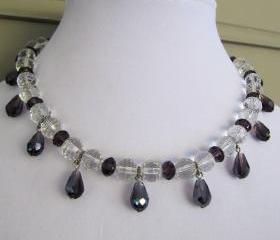 Stunning cut crystal beaded necklace with amethyst faceted tear drop dangles with silver accents